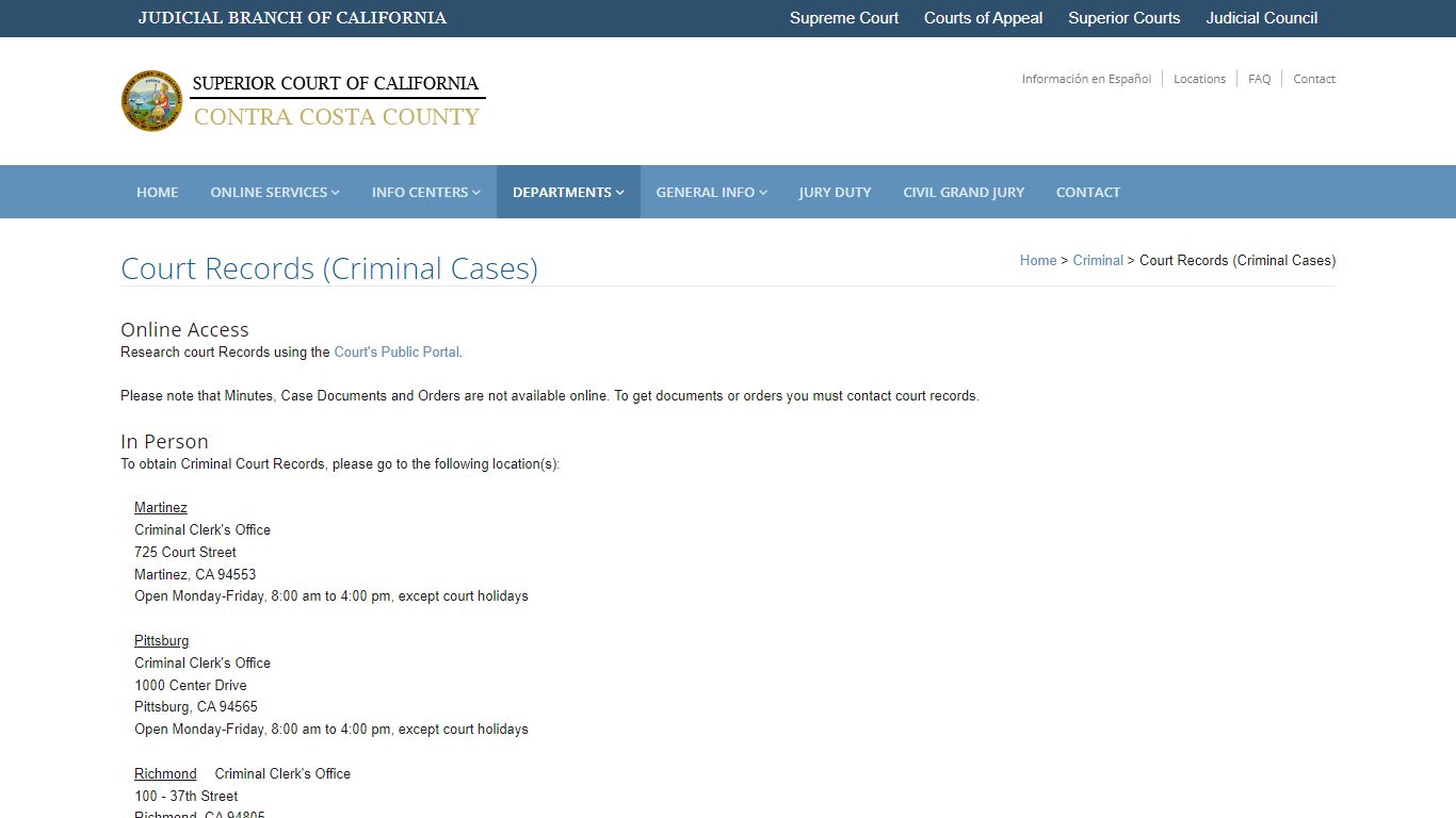 Criminal Court - Records: Contra Costa Superior Court